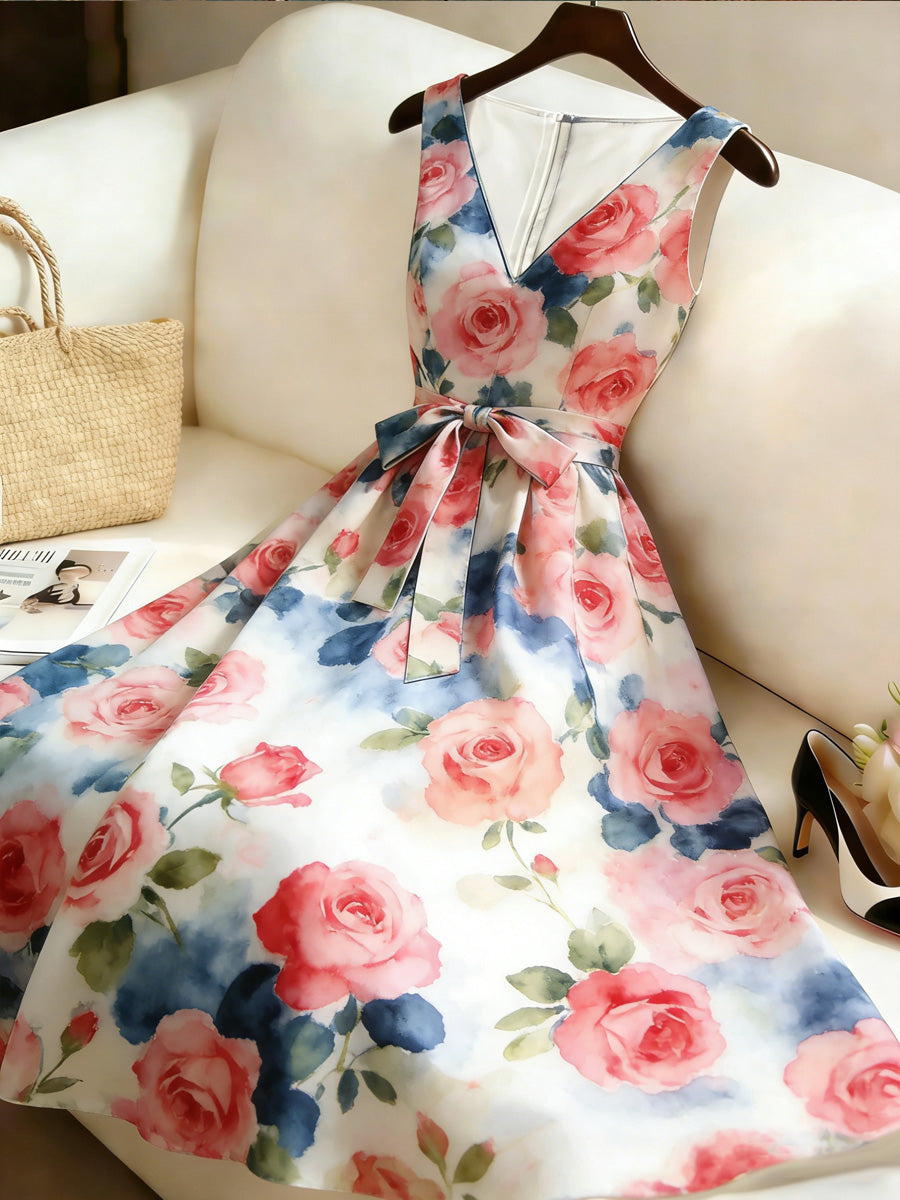 Retro Style Floral Art Print V-Neck Sleeveless Cotton Maxi Dress
